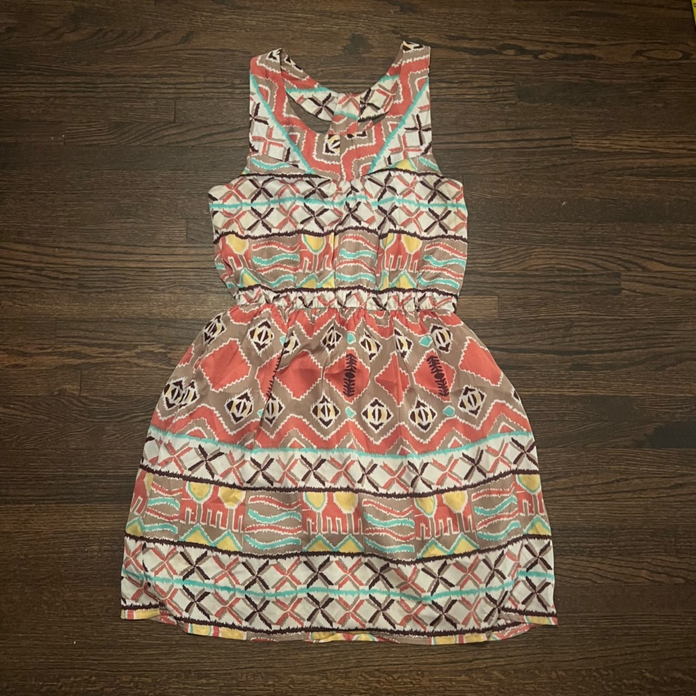 COPY - Altered state Aztec pattern, dress, pink, blue yellow brown